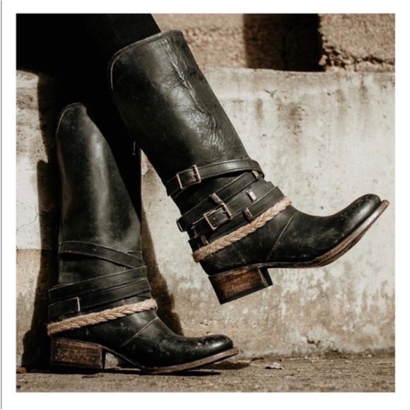 Freebird by Steven Drove Black Leather Strappy Buckle Riding Western Boots - Picture 9 of 9